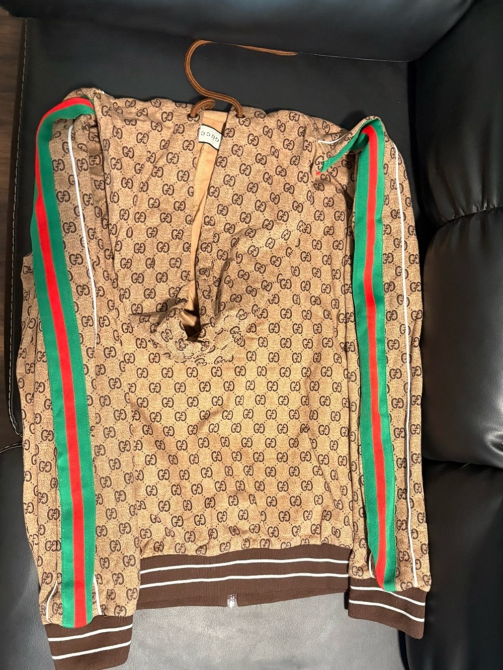 Gucci Brown GG Monogram Zip-Up Hoodie Vest with Red & Green Patch - Picture 4 of 8
